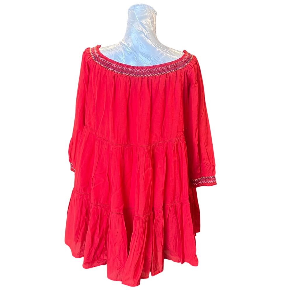 Free People Red Tiered Mini Dress Womens Sz Medium Sunbeams Embroidered Boho - Picture 3 of 16
